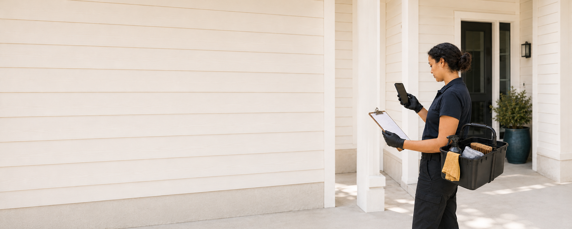 A cleaning business owner checking her work schedule at a customer’s home